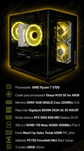 PC GAMER RYZEN 7 5700, GEFORCE RTX 5050, 1TB NVME 3500MB/S, GIGABYTE B550M DS3H WIFI/BT