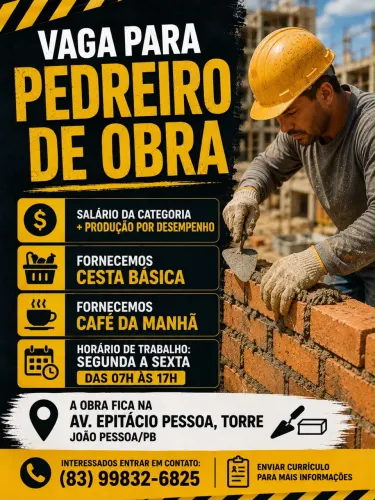 VAGA PARA PEDREIRO DE OBRA - JOÃO PESSOA/PB