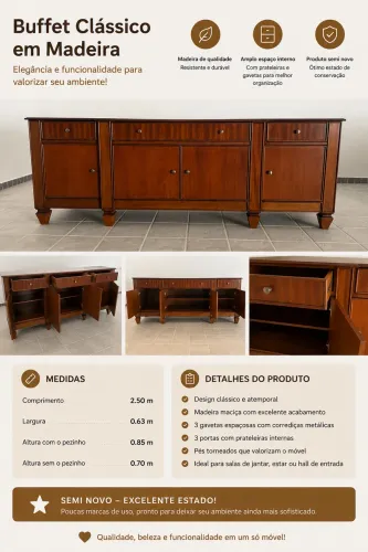 Buffet clássico em madeira maciça 2,50 m ? semi novo