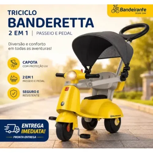 Triciclo Infantil Bandeirante Banderetta 2 em 1 com Capota e Pedal | Passeio e Diversão