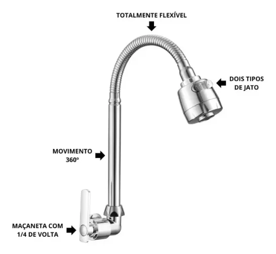 torneira gourmet cozinha pia flexível inox de parede 1/4 flexivel bp-21386