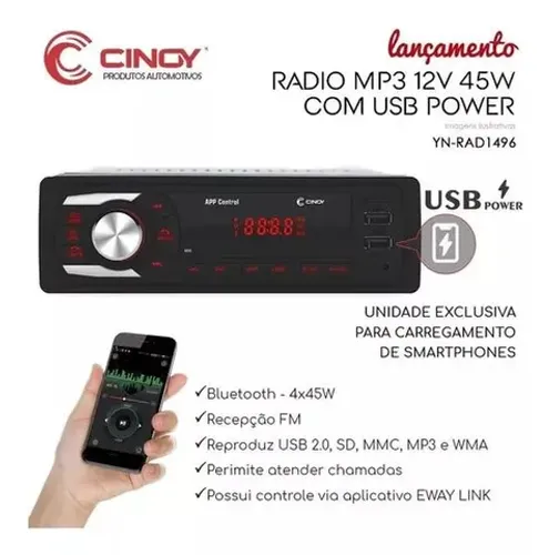 Auto rádio com bluetooth cinoy 2 USB 45w