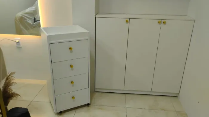 Conjunto de Móveis Organizadores Brancos com Detalhes Dourados