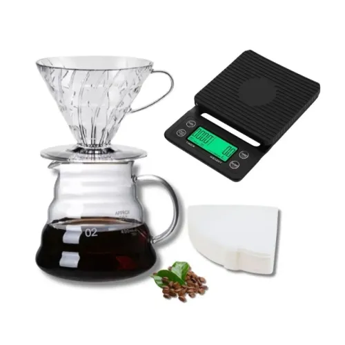 Conjunto V60 02 Jarra 600 ml e Porta Filtro Acrílico Balança 50 Filtros