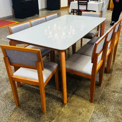 Mesa de Jantar Veneza 180x90cm com 8 Cadeiras Santorini Estofadas Madeira maciça Tecido Li