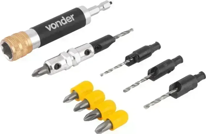 Jogo de bits, ponteiras e brocas escareadoras, 11 peças, encaixe de 1/4", Vonder