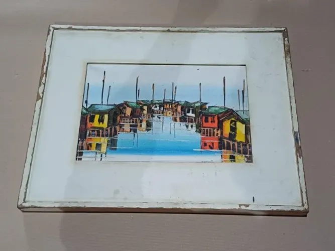 Antigo quadro óleo sobre tela aldeia 45x38