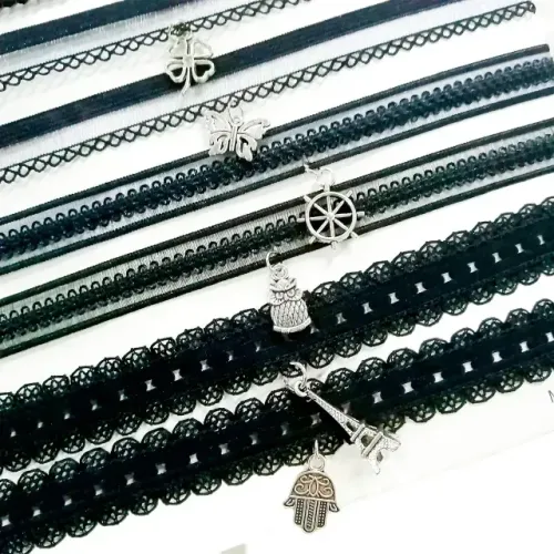 Cartela c 12 Colares Gargantilha Choker Pingente Com Renda Preta  - 1 = R$10 e 12= R$1000