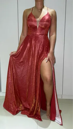 VESTIDO TERRACOTA BRILHO FENDA, MADRINHA, DEBUTANTE, FORMATURA, CONVIDADA,FESTAS.