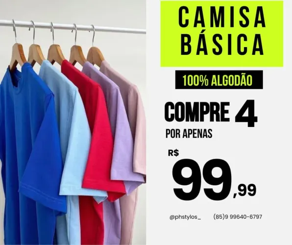 Blusa camisa masculina básica 100% algodão combo 4 por 99,99