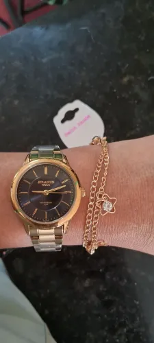 Relógio femenino Atlantis Original a Prova D'água dourado + pulseira