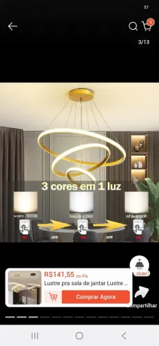 Desapego carioca! Vendo: Lustre Pendente Bivolt LED Moderno 3 Anéis/Arcos Dourado - Mudanç
