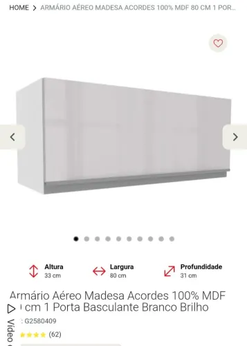 Armário Aéreo Madesa Acordes 100% MDF 80 cm 1 Porta Basculante Branco Brilho