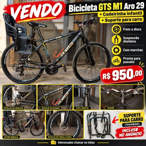 VENDO KIT COMPLETO - BICICLETA GTS M1 ARO 29 + CADEIRINHA + SUPORTE VEIC