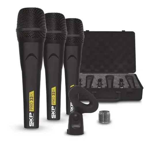 Kit 3 Microfones Dinâmico Cardioide SKP Pro Audio PRO-33K Preto com Fio com maleta
