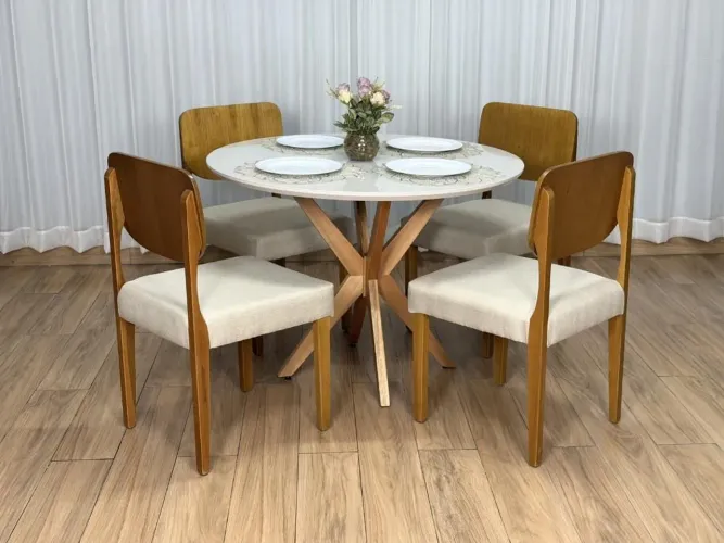 Mesa de Jantar Tampo Circular 108x108cm com 4 Lugares Linho Bege