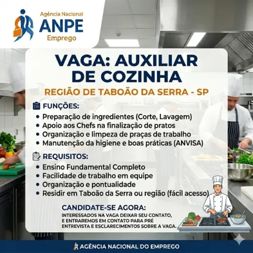 Auxiliar de cozinha - Região de Tabuão da Serra / SP