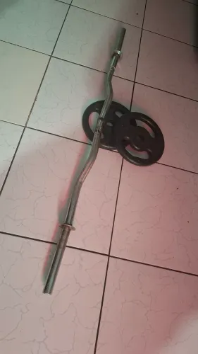Barra W Cromada de Ferro Maciço + 2 Anilhas de 5 kg - Ótimo Estado