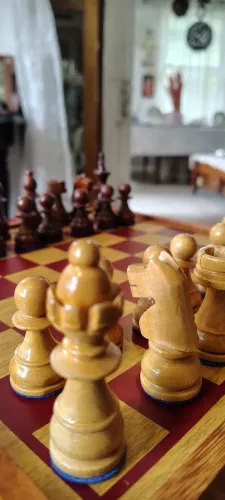 Jogo artesanal de Xadrez, dama e trilha. 