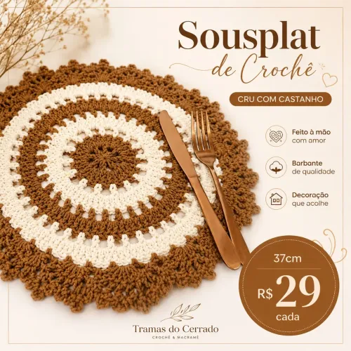 Sousplat de Crochê, unidade, cru com castanho, mesa posta, jogo americano