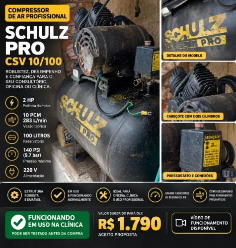 Compressor Schulz PRO CSV 10/100 - 100L - 2HP - 10 PCM - 220V - Funcionando