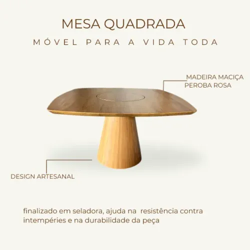 Mesa Quadrada Em Madeira Maciça Peroba Rosa 1,50x1,50x0,82m