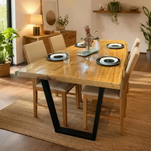 Mesa de Jantar Prancha Única Madeira Maciça com Base em Ferro Industrial