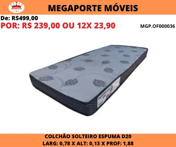 Colchão Solteiro 0,78x1,88 Espuma D20