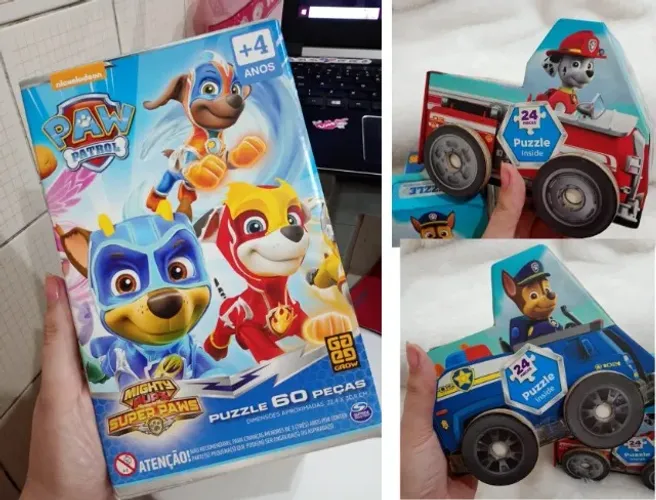 Kit 3 quebra cabeças patrulha canina, 60 peças, carrinhos, peças médias, + dois de 24 peça