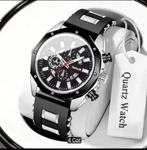 Relógio de Masculino Casual com Mostrador redondo pulseira com detalhes prateado <br>