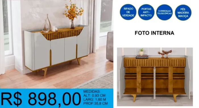 Aparador com pés em madeira maciça - Entrega e montagem grátis