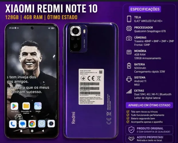 Xiaomi Redmi Note 10 128GB | 4GB RAM | Excelente Estado | Tela AMOLED.