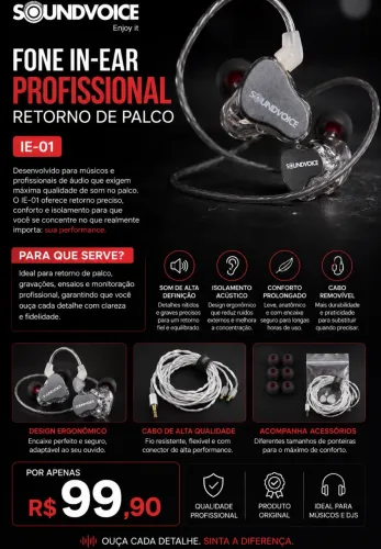 Fone In-ear profissional retorno de palco IE-01