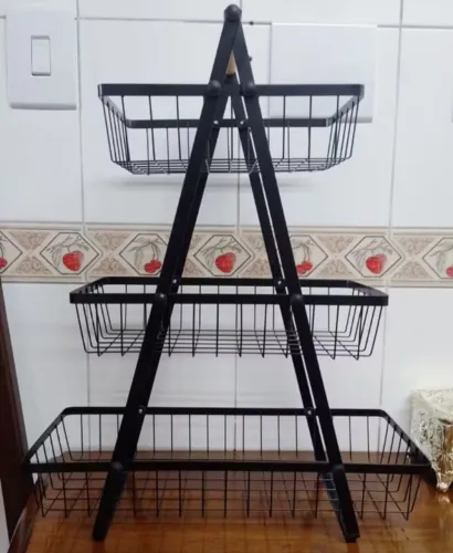 Fruteira de Mesa 40 cm Aramada Preta em Metal Multiuso 3 Andares