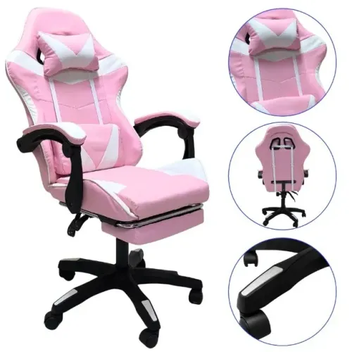 Cadeira Gamer Rosa Loong LC-001P Ergonômica Reclinável com Apoio de Braço e Pés