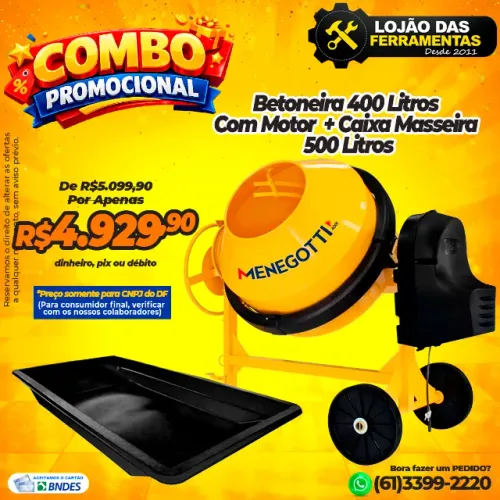Combo Betoneira 400 Litros Com Motor + Caixa Masseira 500 Litros