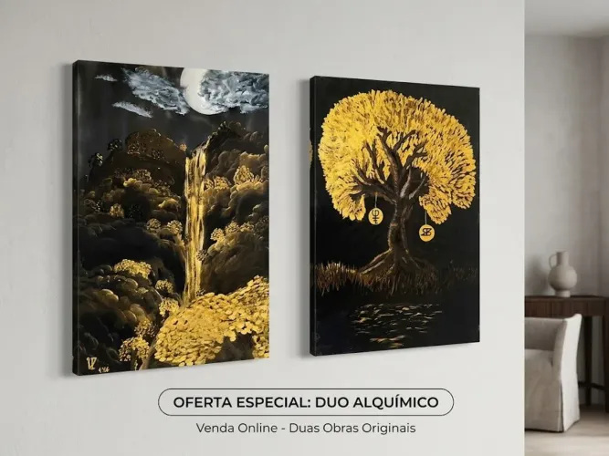 Quadro Exclusivo Cascata De Ouro e Árvore da prosperidade com runas 70x100