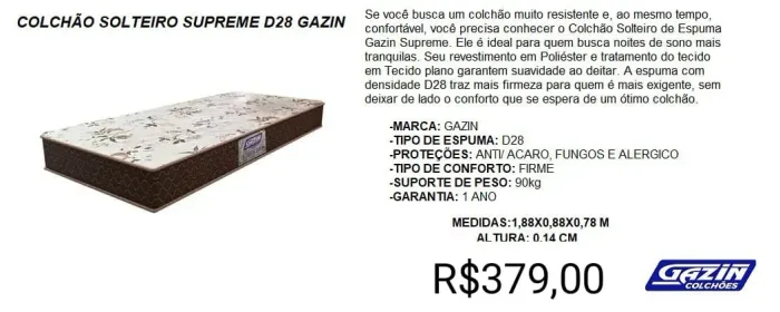 COLCHÃO SOLTEIRO GAZIN D28 A PRONTA-ENTREGA