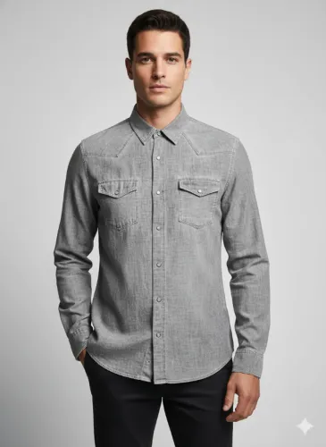 Camisa Guess Original M | Cinza Metalizada | Linho/Algodão | Botões Pressão | NY