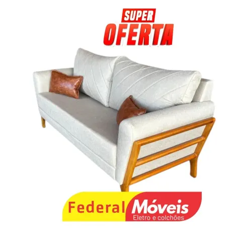 Sofá Elegante 1,95m Linho Bege - Fazemos Entregas 