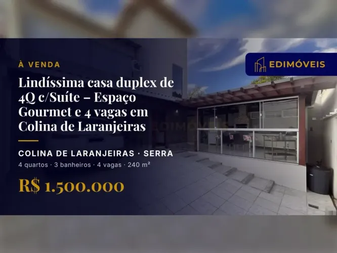 Casa 4 quartos em Colina de Laranjeiras com espaço gourmet e 4 vagas, seu novo lar!