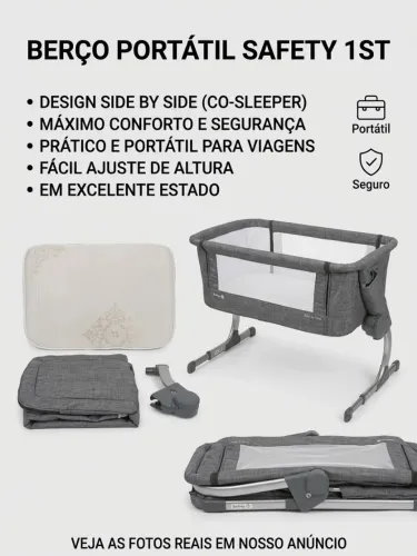 Berço Portátil Safety 1st Side by Side - Cinza + Colchão