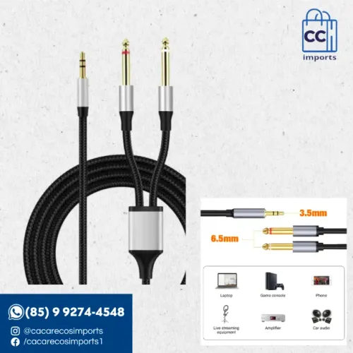Cabo Adaptador de Áudio 2m P2 3,5 mm TRS para 2x P10 6,35 mm Mono | Novo | Pronta Entrega