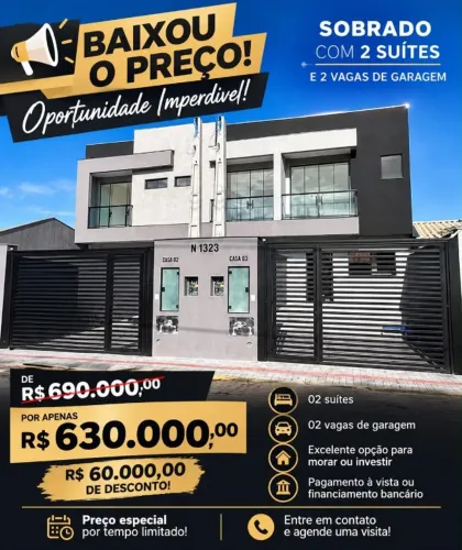 Sobrado Moderno com 2 Suítes - Baixou o Preço!- R$ 630 Mil