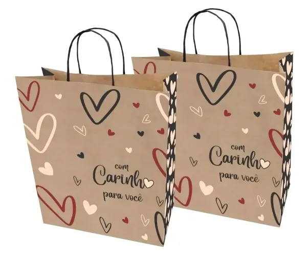 Kit 18 sacolas de papel Kraft decoradas, com carinho para você, Tam. M2