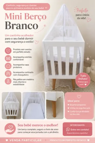 Mini Berço Branco Completo - Perfeito Estado | Pés Palito | Colchão + Capa + Cortinado