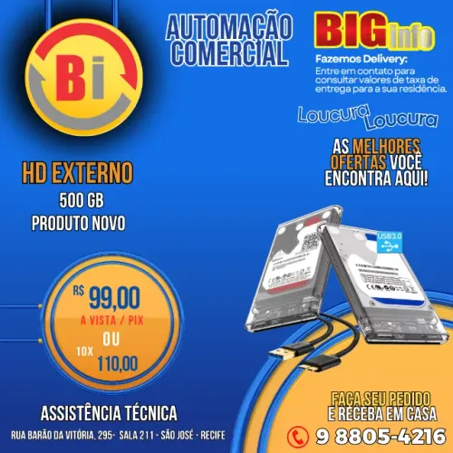HD Externo 500GB  Portátil USB 3.0 Compatível com Videogame, Notebooks, Smart TV