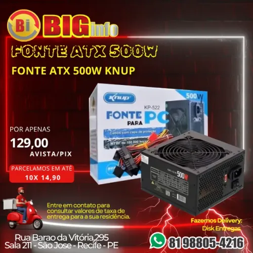 Fonte ATX 500W Knup KP-522 Preto para PC - Em ate 10x Fixas