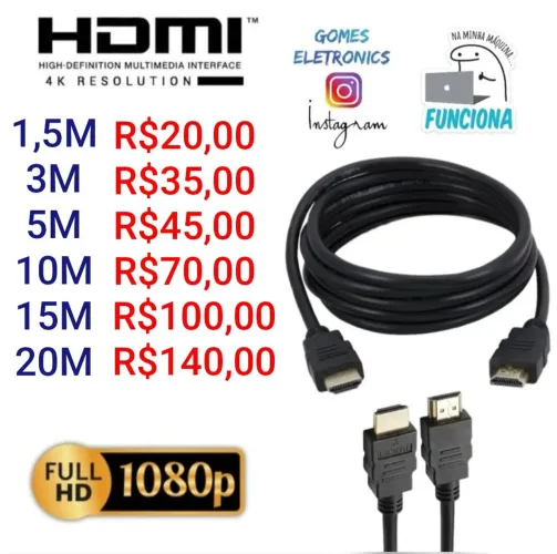 Cabo HDMI de vídeo e audio Tamanhos variados até 20 metros ( Loja Fisica)