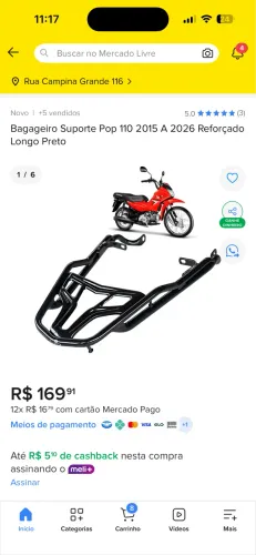 Bagageiro Suporte Pop 110 2015 A 2026 Reforçado Longo Preto